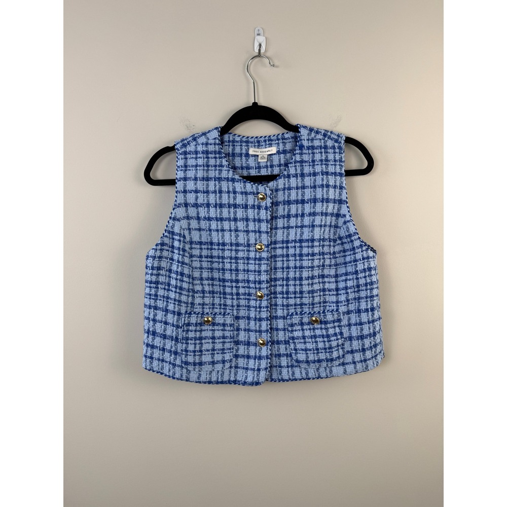 Free Assembly Tweed Lined Vest Women's Medium‎ Blue Plaid Gold Button Cropped